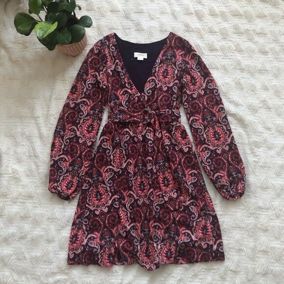 Anthropologie Maeve Paisley Belted Surplice Long Sleeve Dress - Picture 3 of 7